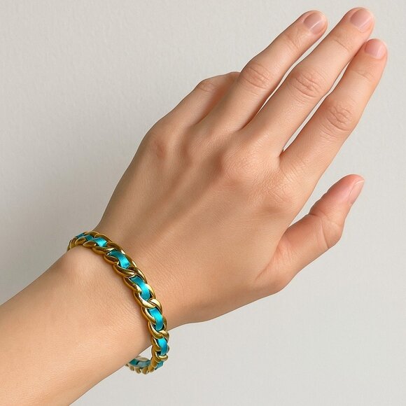 Vintage Graziano Gold-Tone and Aqua Ribbon Woven Bangle Bracelet – 3” Diameter - Picture 5 of 5